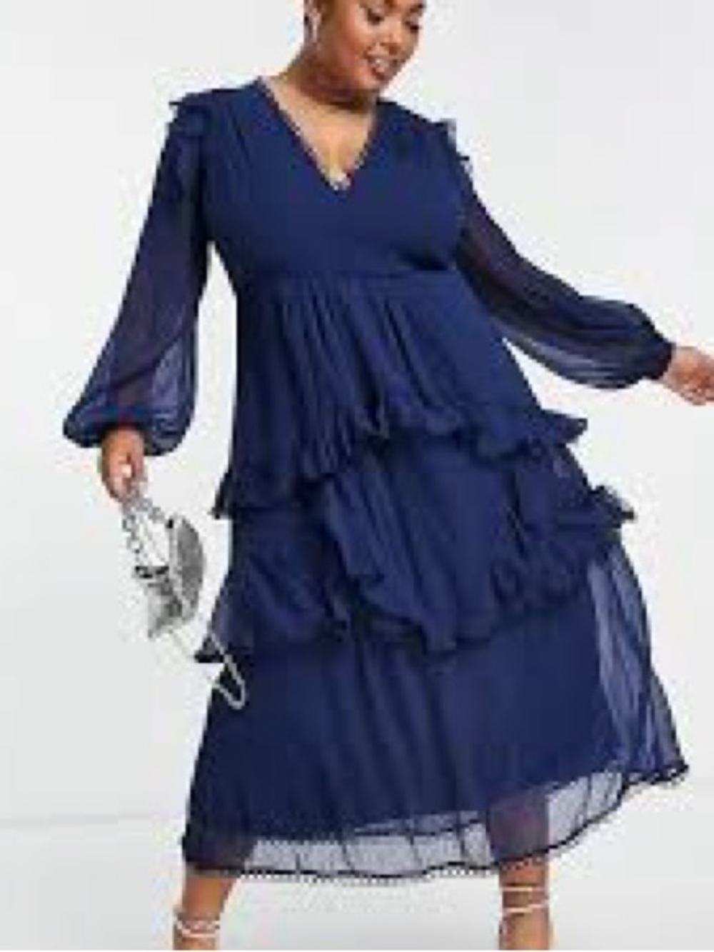 ASOS Curve Navy Long Sleeve Tiered Midi Dress